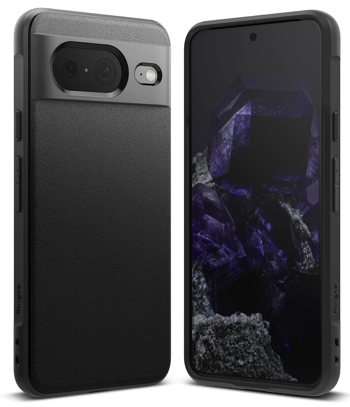 Google Pixel 8 Case | Onyx - Black textured phone case shown from the back and front with a purple crystal wallpaper.