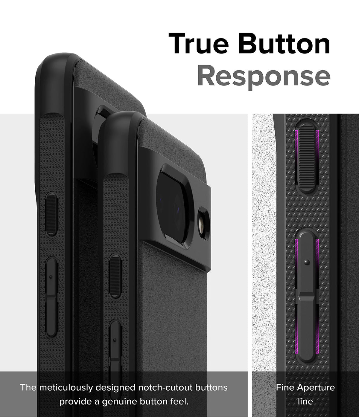 Google Pixel 8 Case | Onyx - Close-up of black phone case buttons with notch-cutouts for tactile response and fine aperture lines.