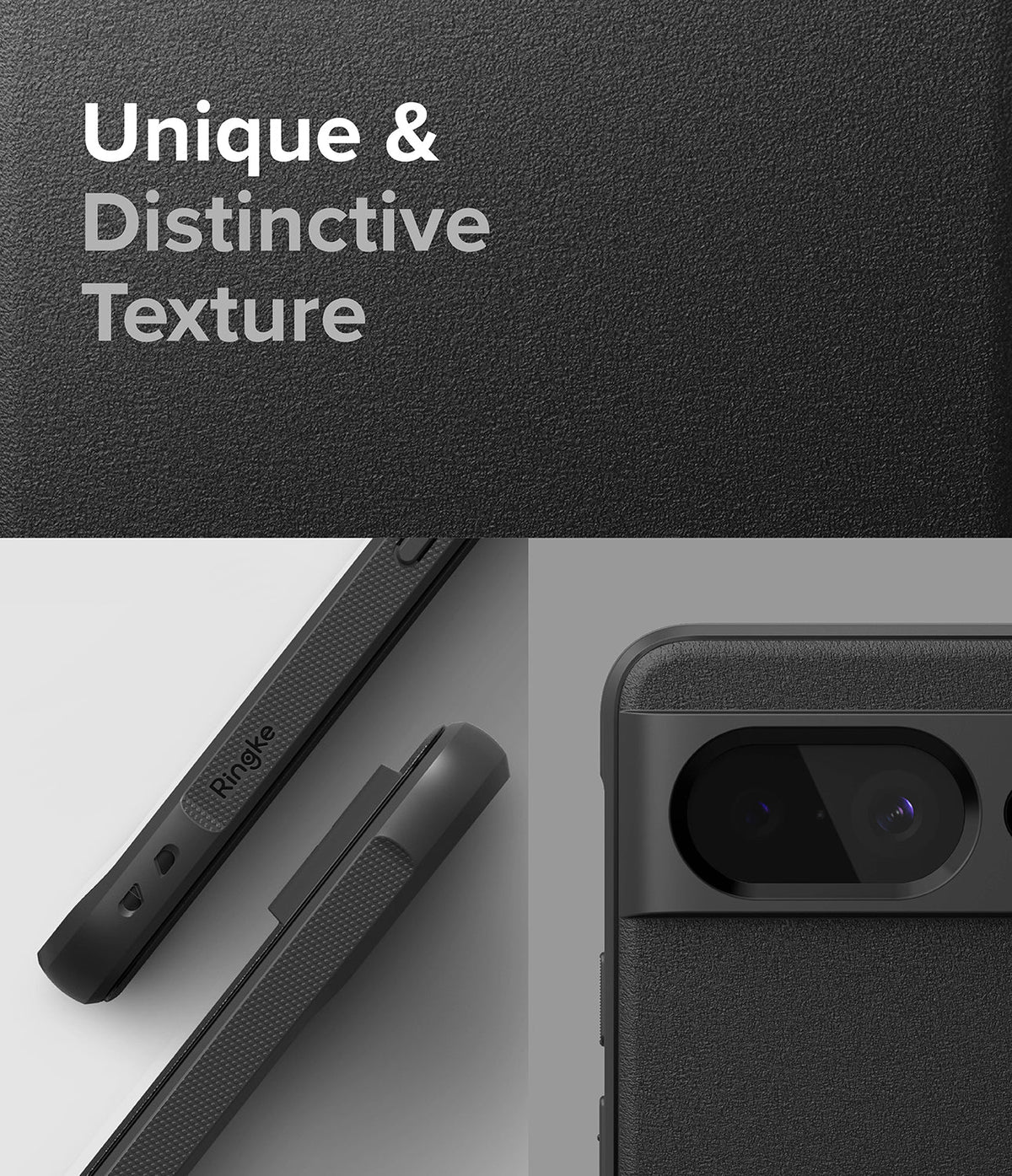 Google Pixel 8 Case | Onyx - Close-up of a black phone case with a textured surface and Ringke branding on the side.