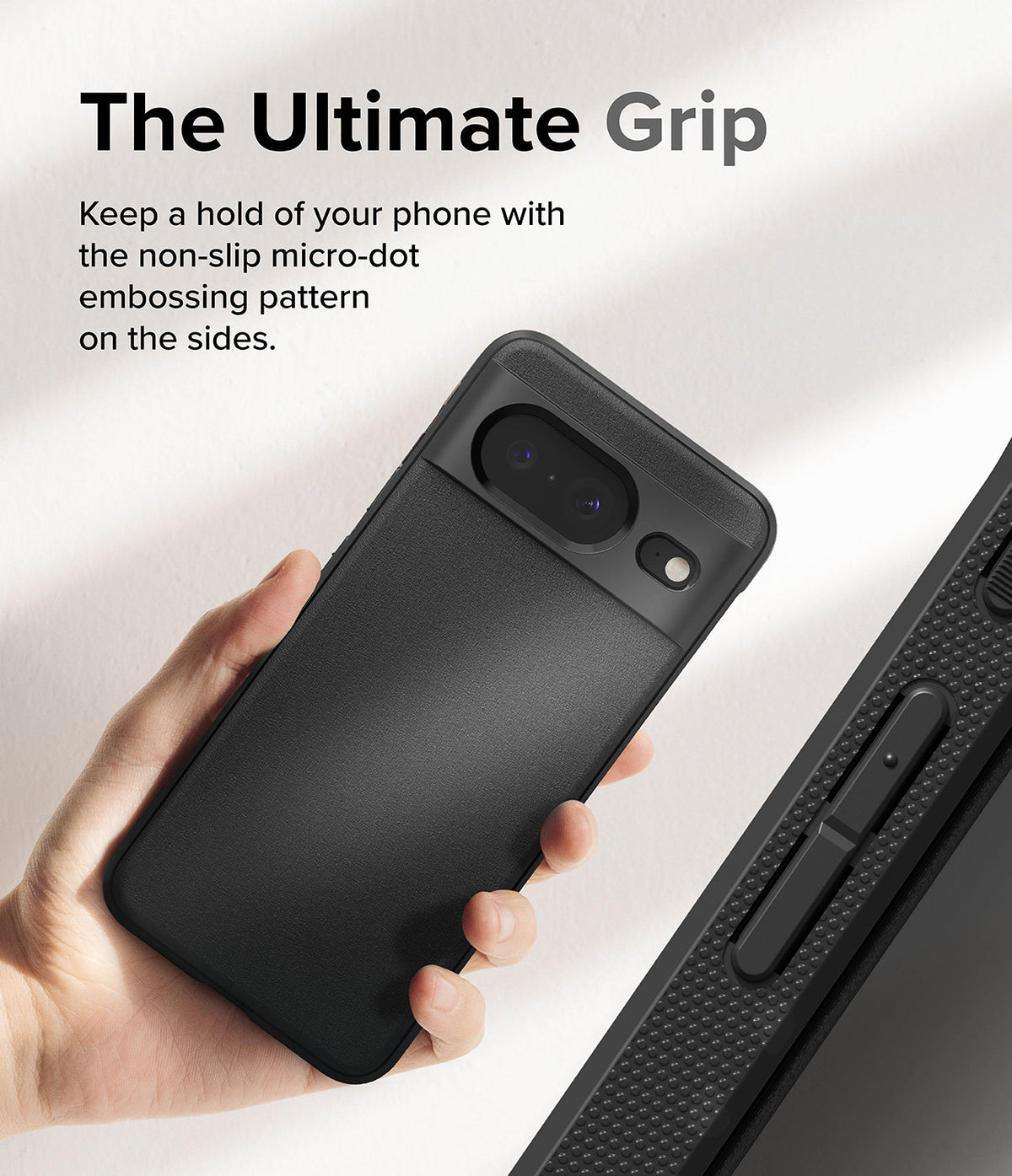 Google Pixel 8 Case | Onyx - Hand holding a black phone case with a textured micro-dot side grip and camera bar cutout.