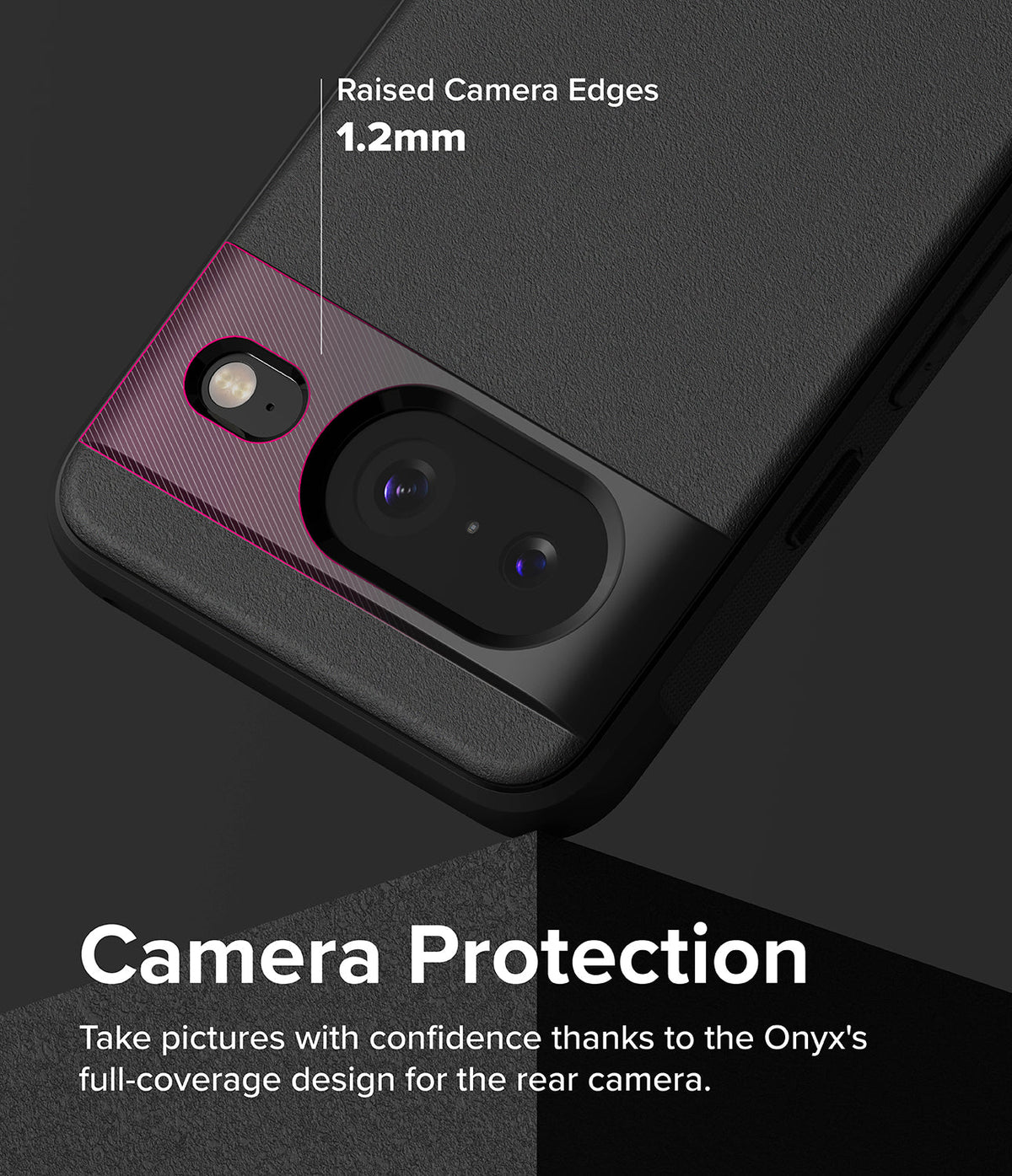 Google Pixel 8 Case | Onyx - Black phone case showing 1.2mm raised edges around the rear camera bar for protection.