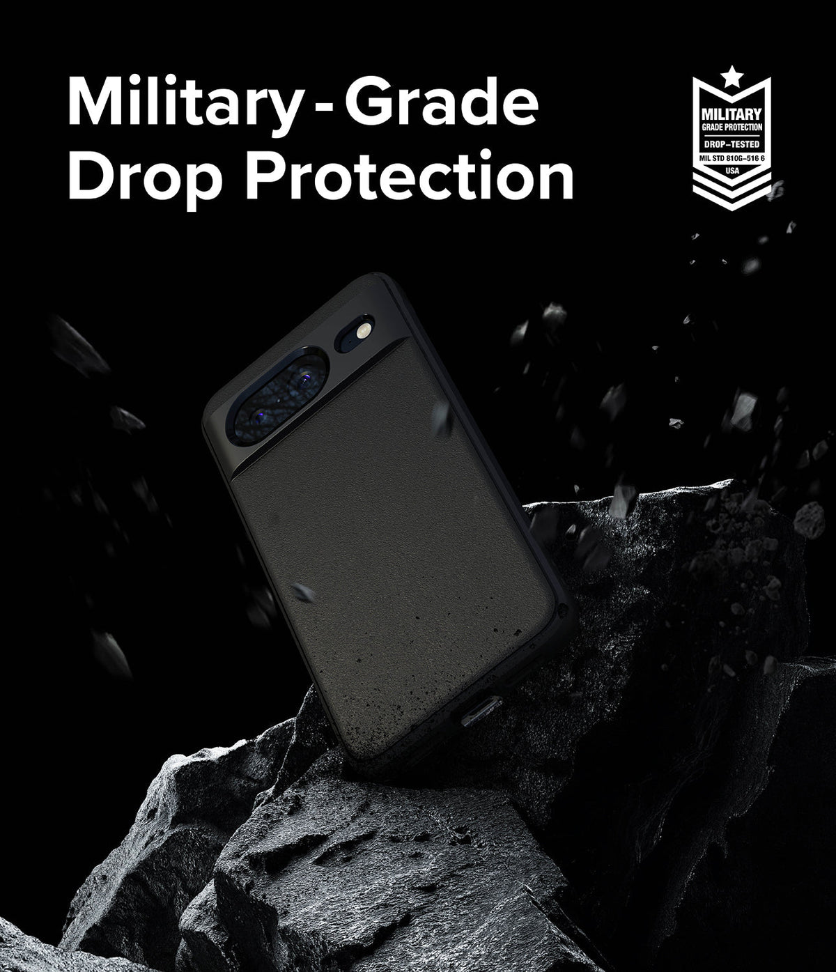 Google Pixel 8 Case | Onyx - Black phone case floating above jagged rocks with military-grade drop protection text and badge.