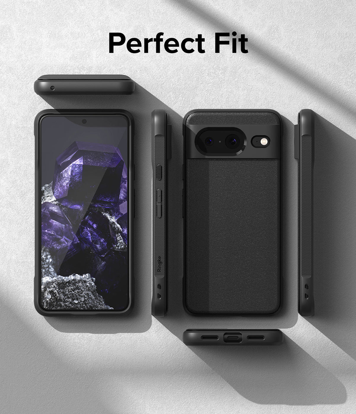 Google Pixel 8 Case | Onyx - Multiple views of a black phone case showing front, back, and side profiles on a textured surface.