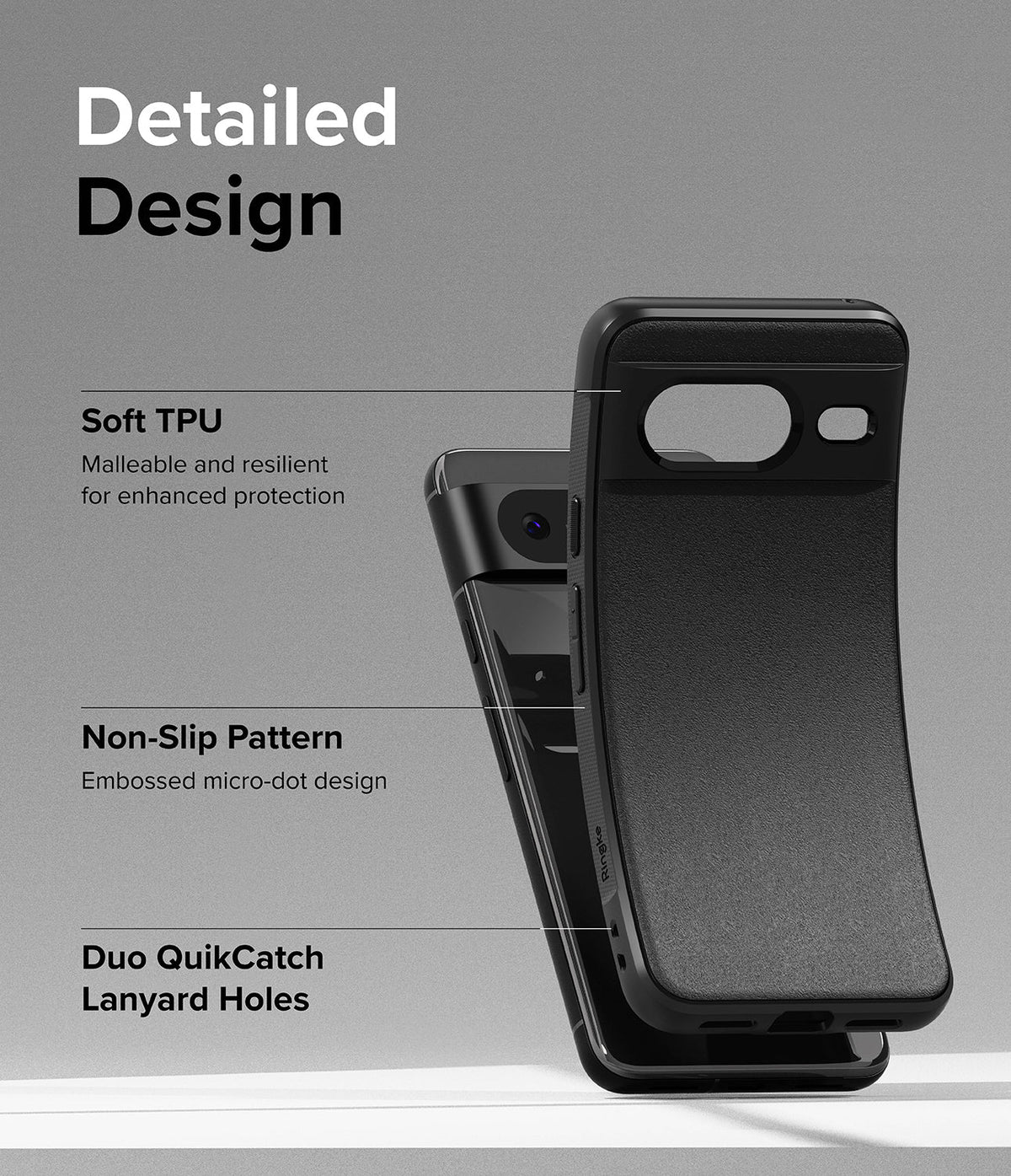 Google Pixel 8 Case | Onyx - Black phone case showing TPU material, non-slip texture, and lanyard holes with labels.