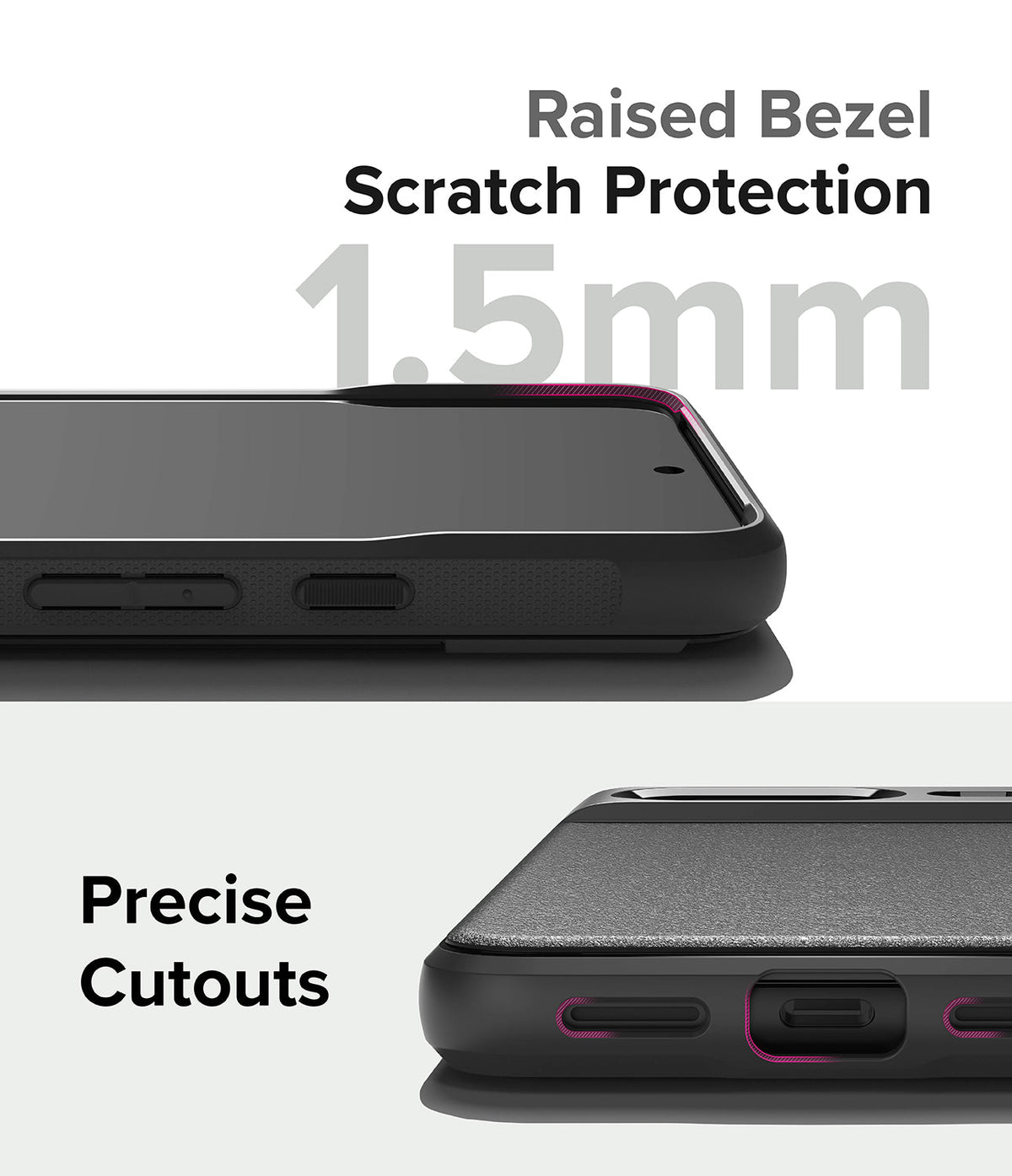 Google Pixel 8 Case | Onyx - Close-up of a black phone case showing a 1.5mm raised bezel for screen protection and precise cutouts.