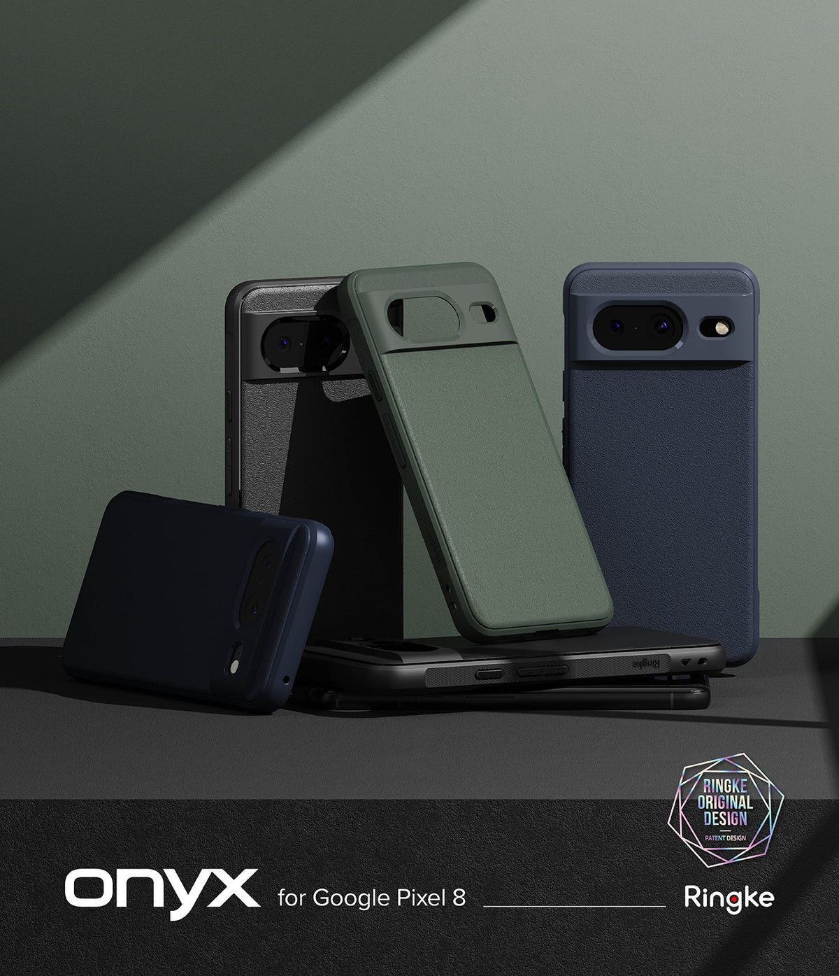 Google Pixel 8 Case | Onyx - Multiple Google Pixel 8 cases in black, green, and blue with textured finishes on a dark surface.