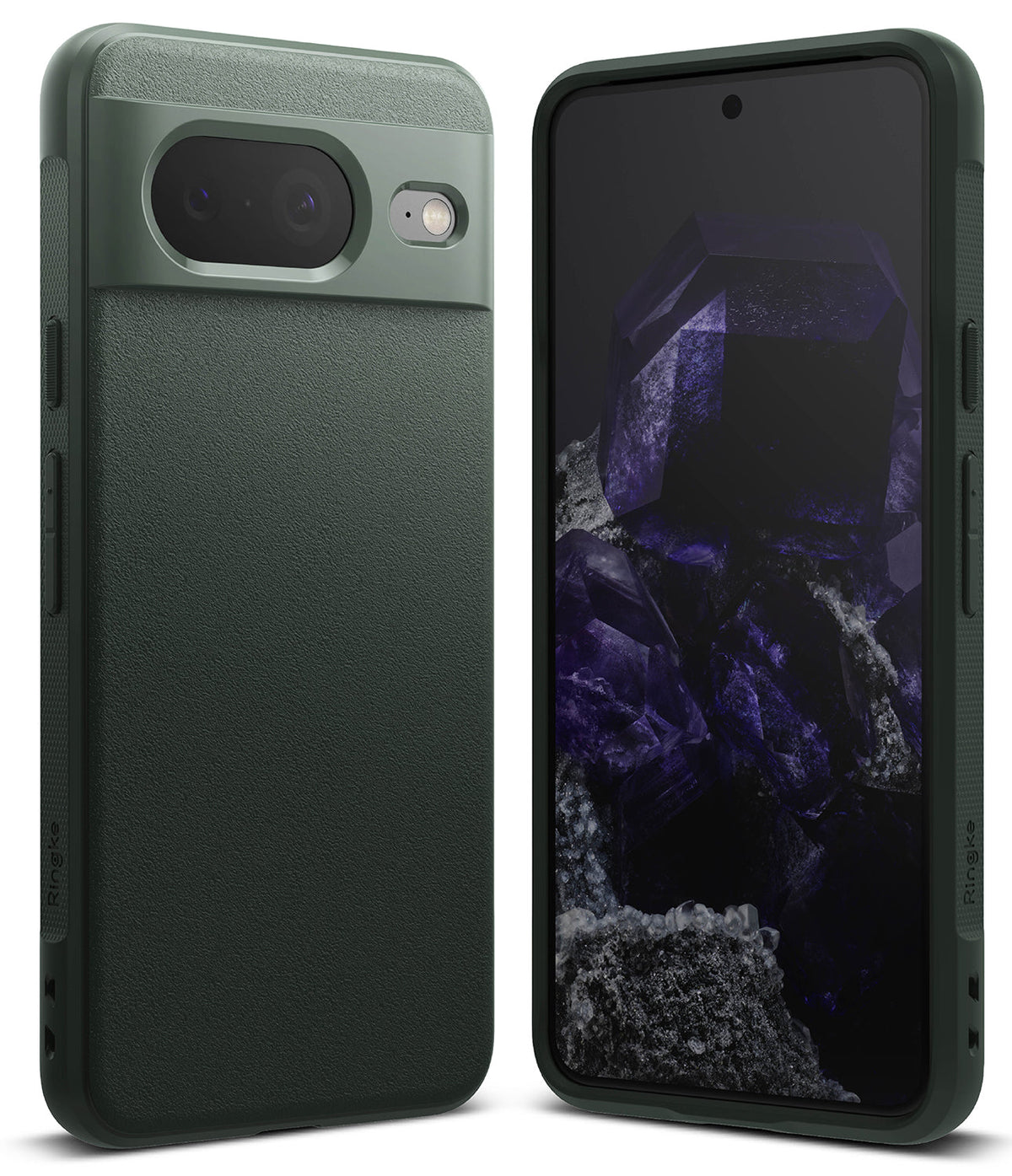 Google Pixel 8 Case | Onyx - Dark green textured phone case shown from the back and front with a purple crystal wallpaper.