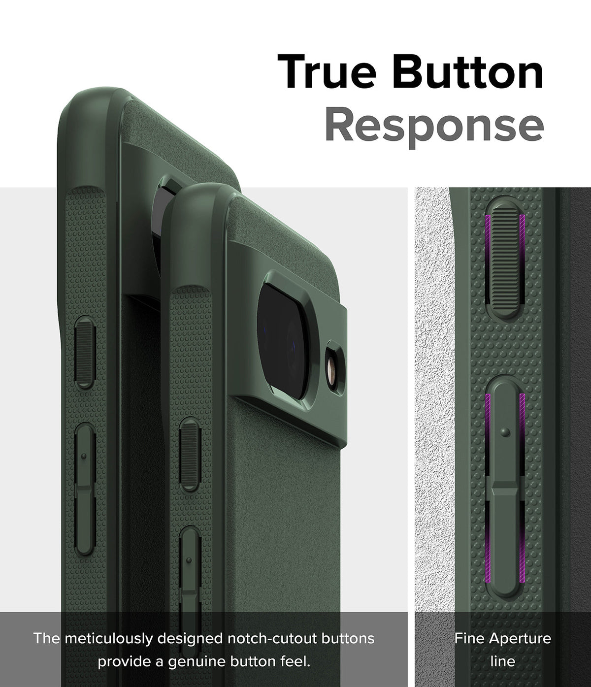 Google Pixel 8 Case | Onyx - Close-up of dark green phone case buttons with precise cutouts for tactile response.