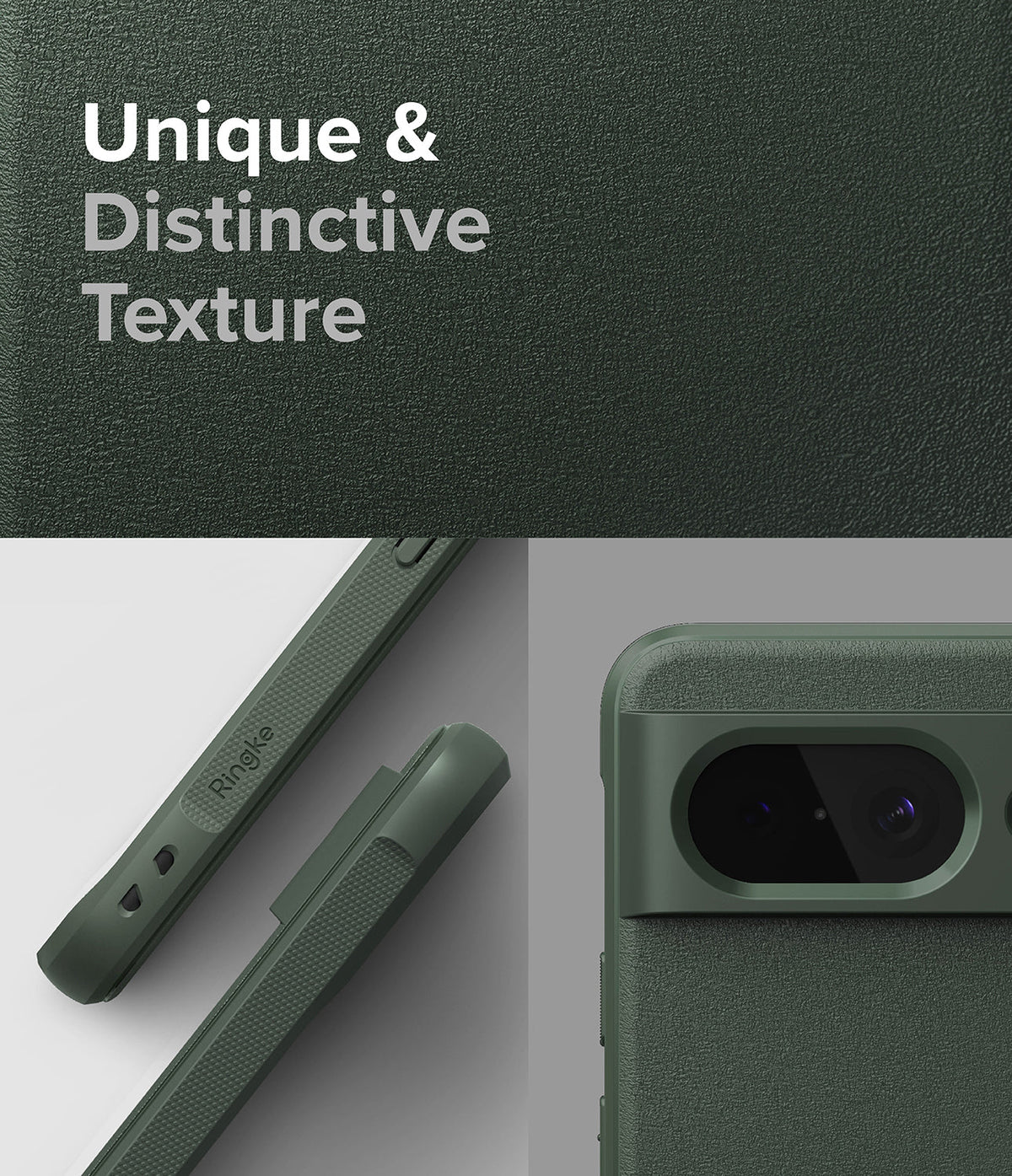 Google Pixel 8 Case | Onyx - Dark green textured phone case showing side button details and the camera bar cutout.