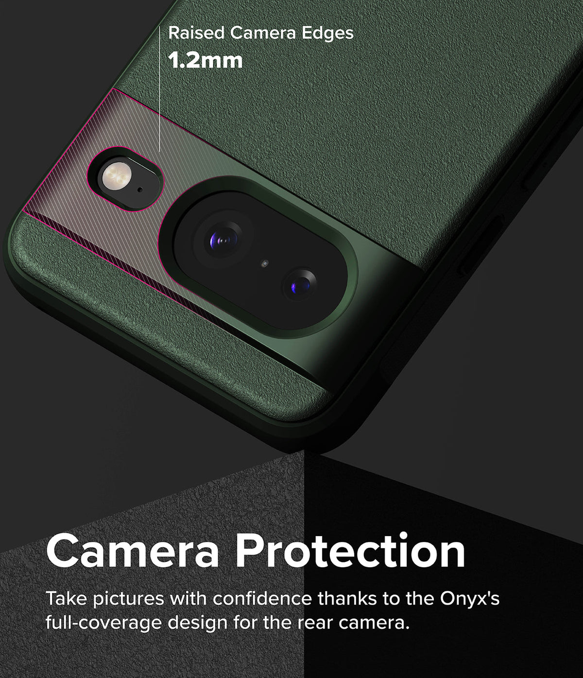 Google Pixel 8 Case | Onyx - Dark green phone case highlighting 1.2mm raised edges for rear camera protection.