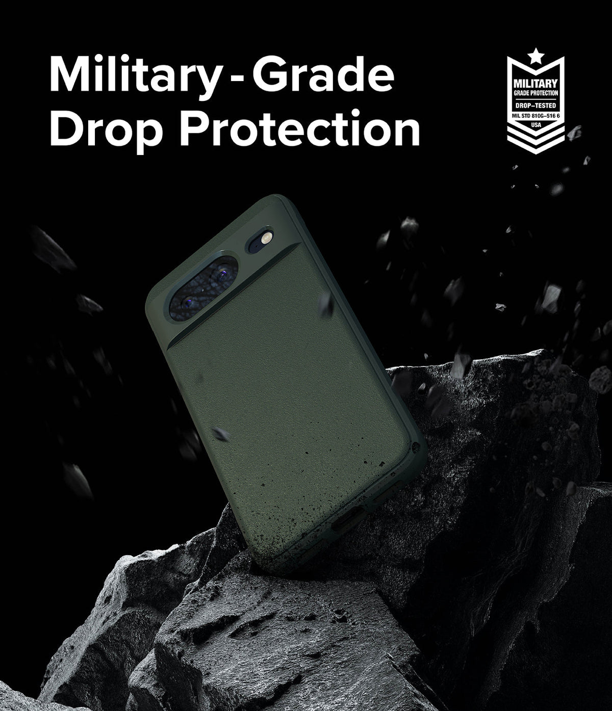 Google Pixel 8 Case | Onyx - Onyx phone case on a rock with debris, featuring military-grade drop protection text and badge.
