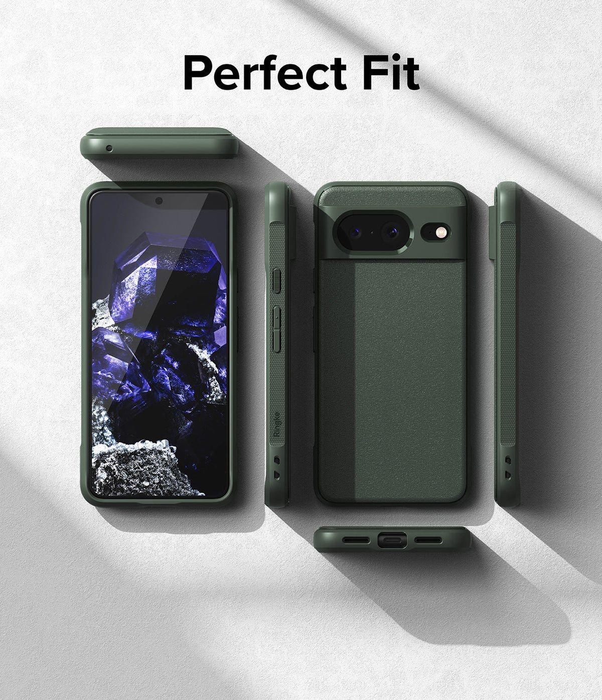 Google Pixel 8 Case | Onyx - Multiple views of an olive green phone case showing front, back, and side profiles on a gray surface.