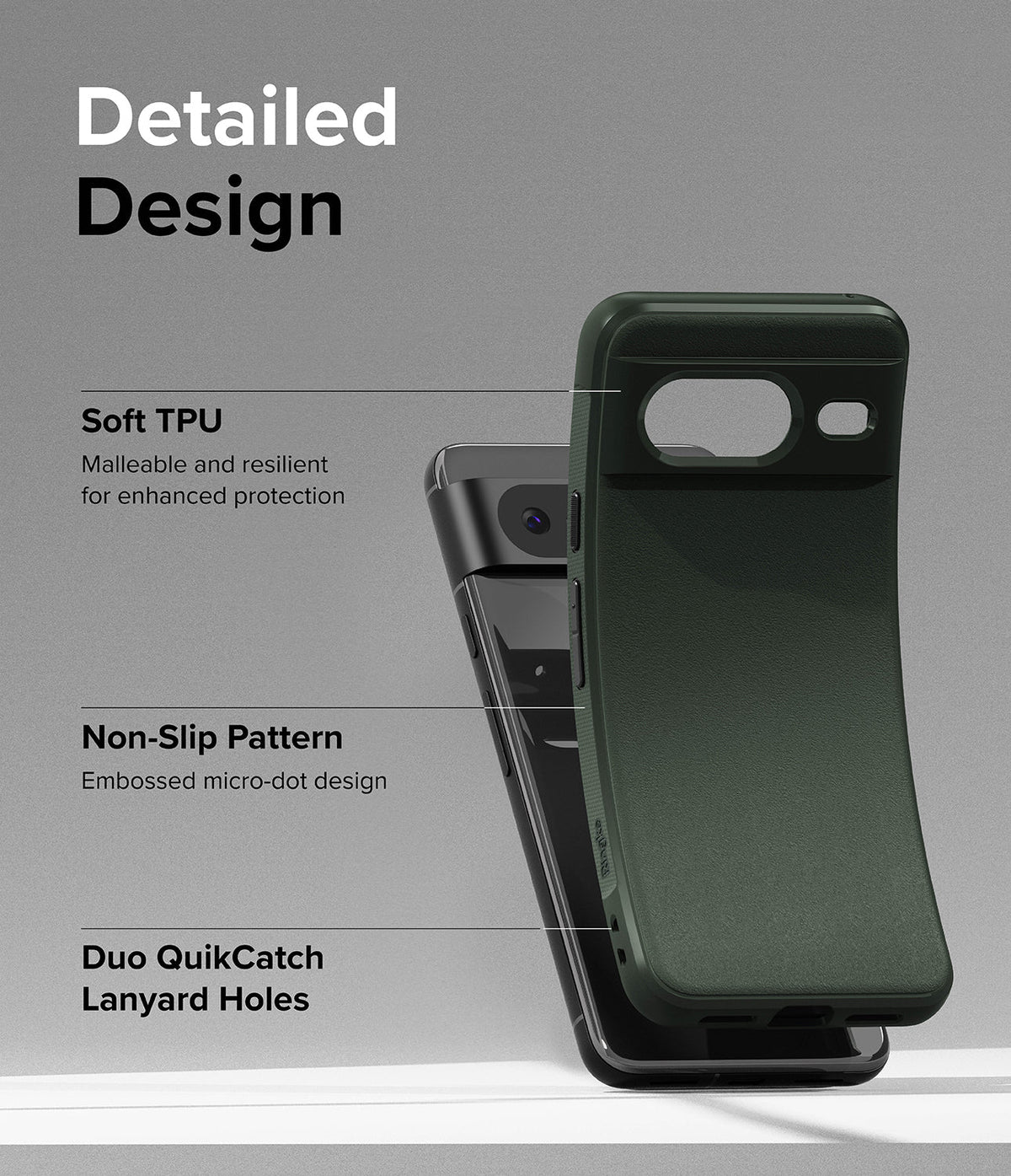 Google Pixel 8 Case | Onyx - Dark green flexible phone case highlighting TPU material, non-slip texture, and lanyard holes.