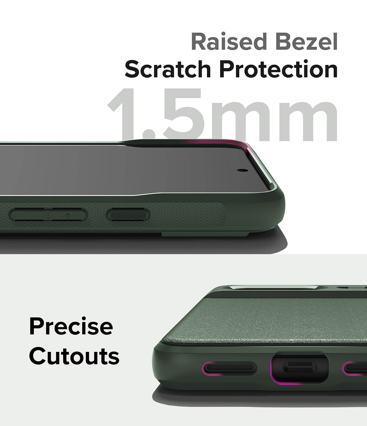 Google Pixel 8 Case | Onyx - Close-up of phone case showing 1.5mm raised screen bezel and precise port cutouts.