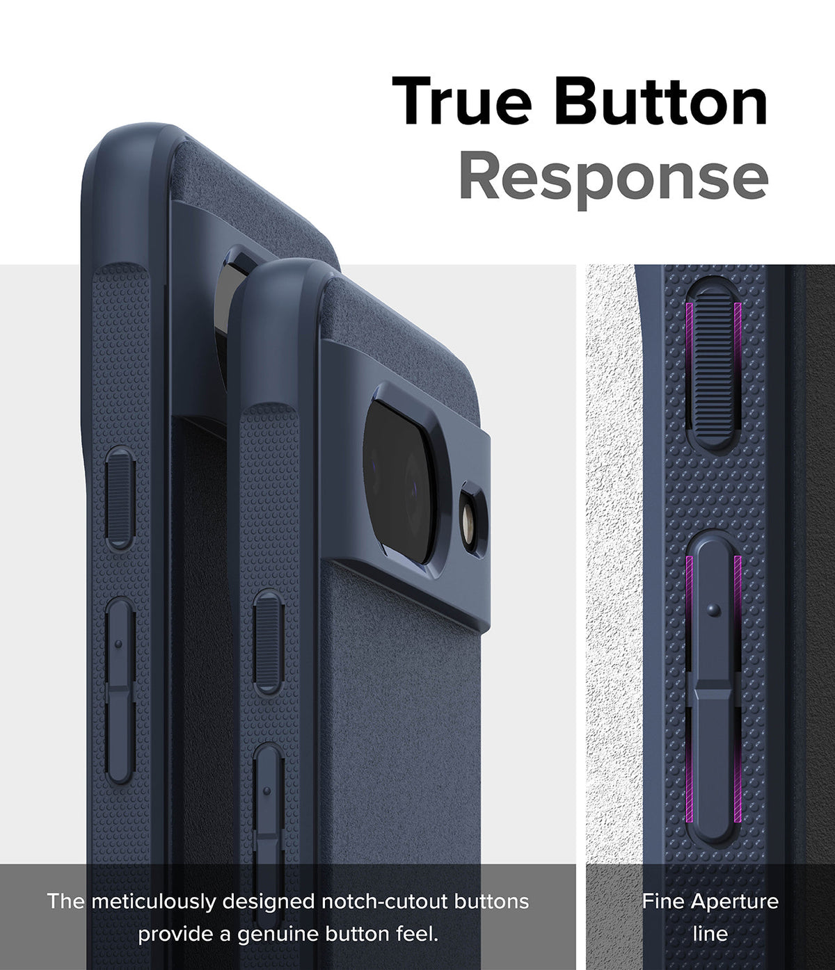 Google Pixel 8 Case | Onyx - Close-up of phone case buttons with notch-cutouts for tactile response and fine aperture lines.