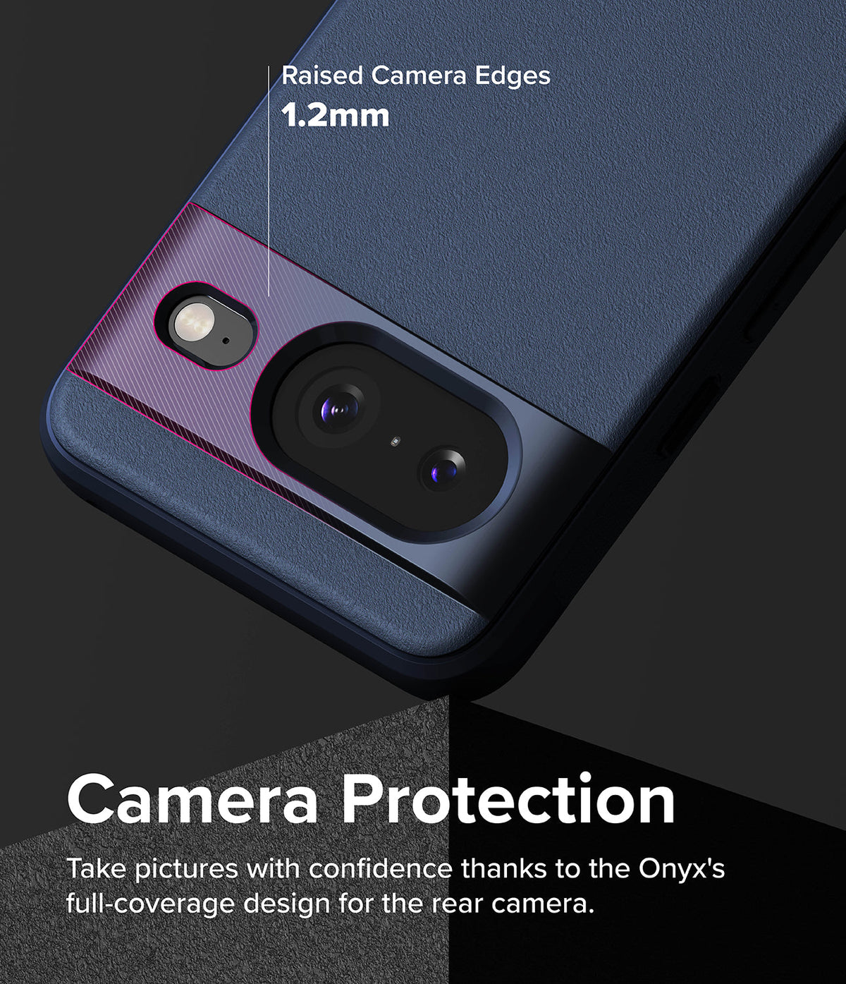 Google Pixel 8 Case | Onyx - Close-up of a blue phone case highlighting 1.2mm raised edges around the camera module.