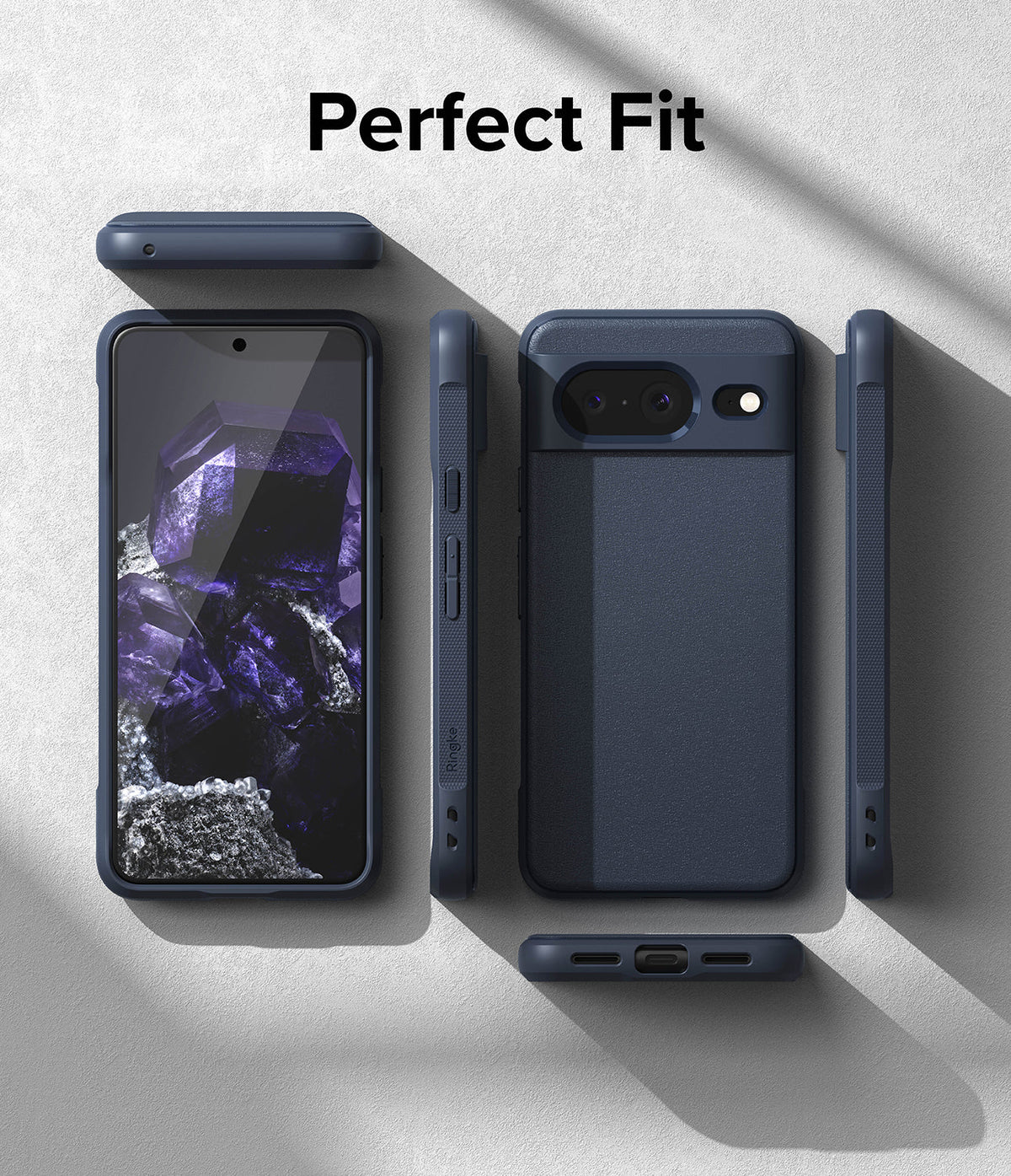 Google Pixel 8 Case | Onyx - Multiple angles of a navy blue phone case showing front, back, and side profiles on a gray surface.