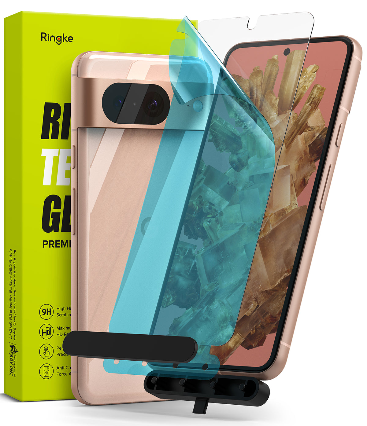 Google Pixel 8 Screen Protector | Glass - Tempered glass screen protector with installation tool and packaging.