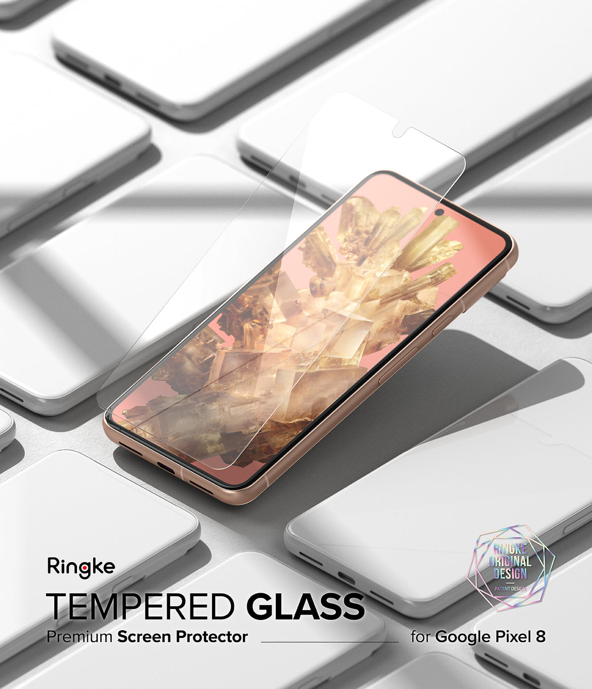Google Pixel 8 Screen Protector | Glass - Tempered glass screen protector hovering above a Google Pixel 8 smartphone.