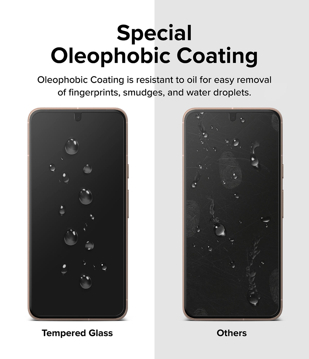 Google Pixel 8 Screen Protector | Glass - Google Pixel 8 Screen Protector - Comparison showing water beading on tempered glass versus smudges on standard glass.
