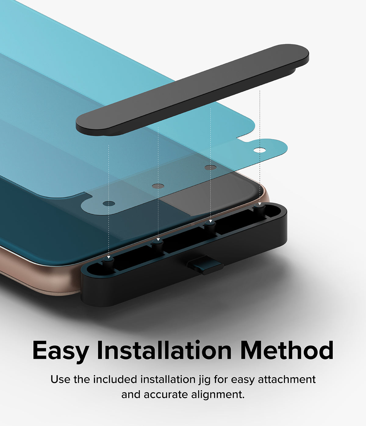 Google Pixel 8 Screen Protector | Glass - Installation jig aligning a screen protector onto a smartphone screen.