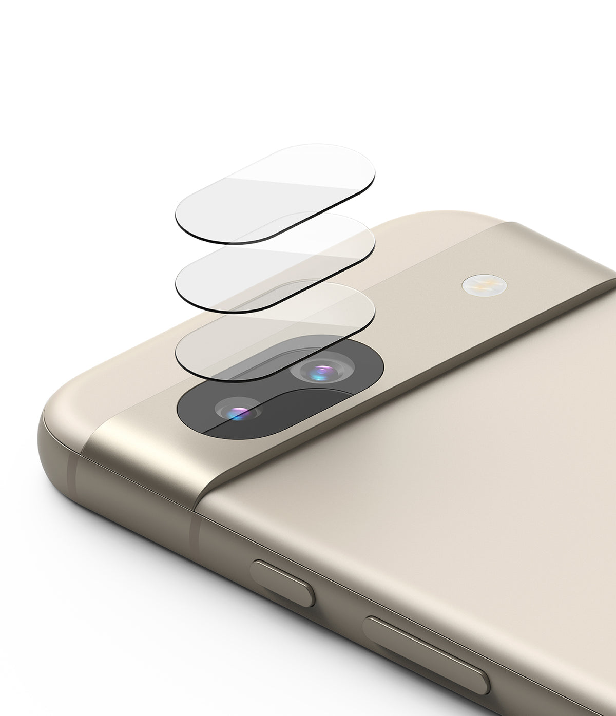 Google Pixel 8a Camera Lens Protector | Glass (3 Pack) - Google Pixel 8a Camera Lens Protector - Three transparent glass covers floating above a gold smartphone camera bar.