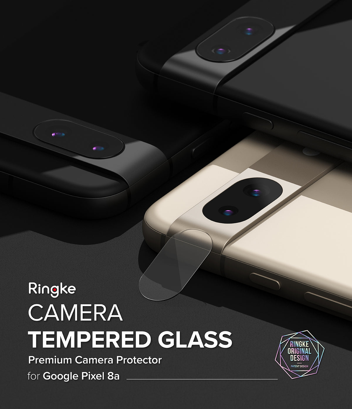 Google Pixel 8a Camera Lens Protector | Glass (3 Pack) - Tempered glass lens protector being applied to a Pixel 8a phone.