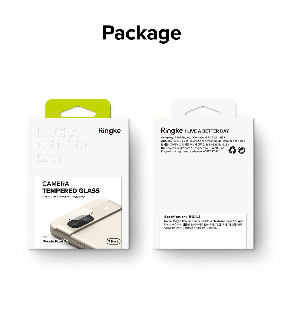 Google Pixel 8a Camera Lens Protector | Glass (3 Pack) - Google Pixel 8a Camera Lens Protector - Front and back views of the Ringke camera tempered glass 3-pack retail packaging.