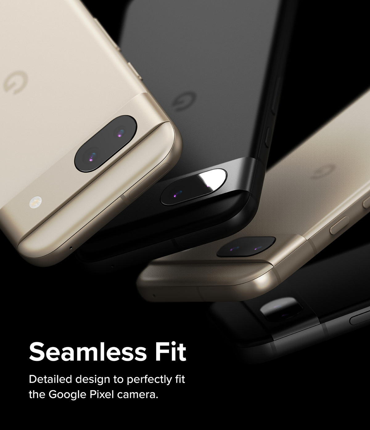Google Pixel 8a Camera Lens Protector | Glass (3 Pack) - Google Pixel 8a Camera Lens Protector - Three Pixel 8a phones in different colors showing a seamless camera lens fit.