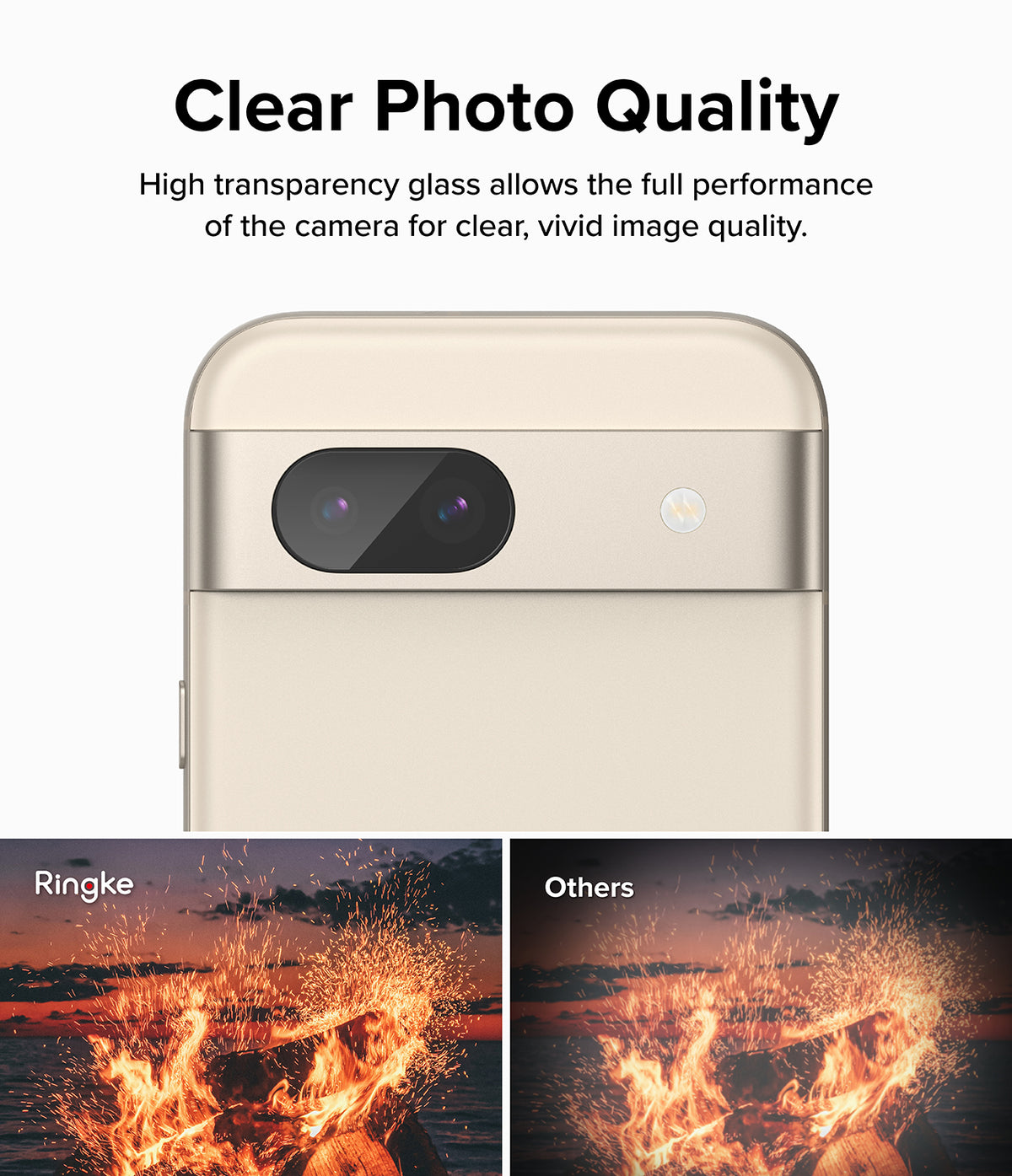 Google Pixel 8a Camera Lens Protector | Glass (3 Pack) - Google Pixel 8a Camera Lens Protector - Comparison showing clear photo quality with Ringke glass versus a duller image.