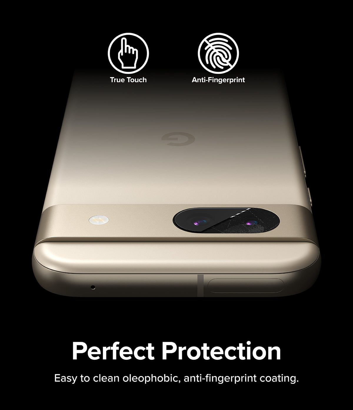 Google Pixel 8a Camera Lens Protector | Glass (3 Pack) - Google Pixel 8a Camera Lens Protector - Phone back with lens glass cover, True Touch and Anti-Fingerprint icons.