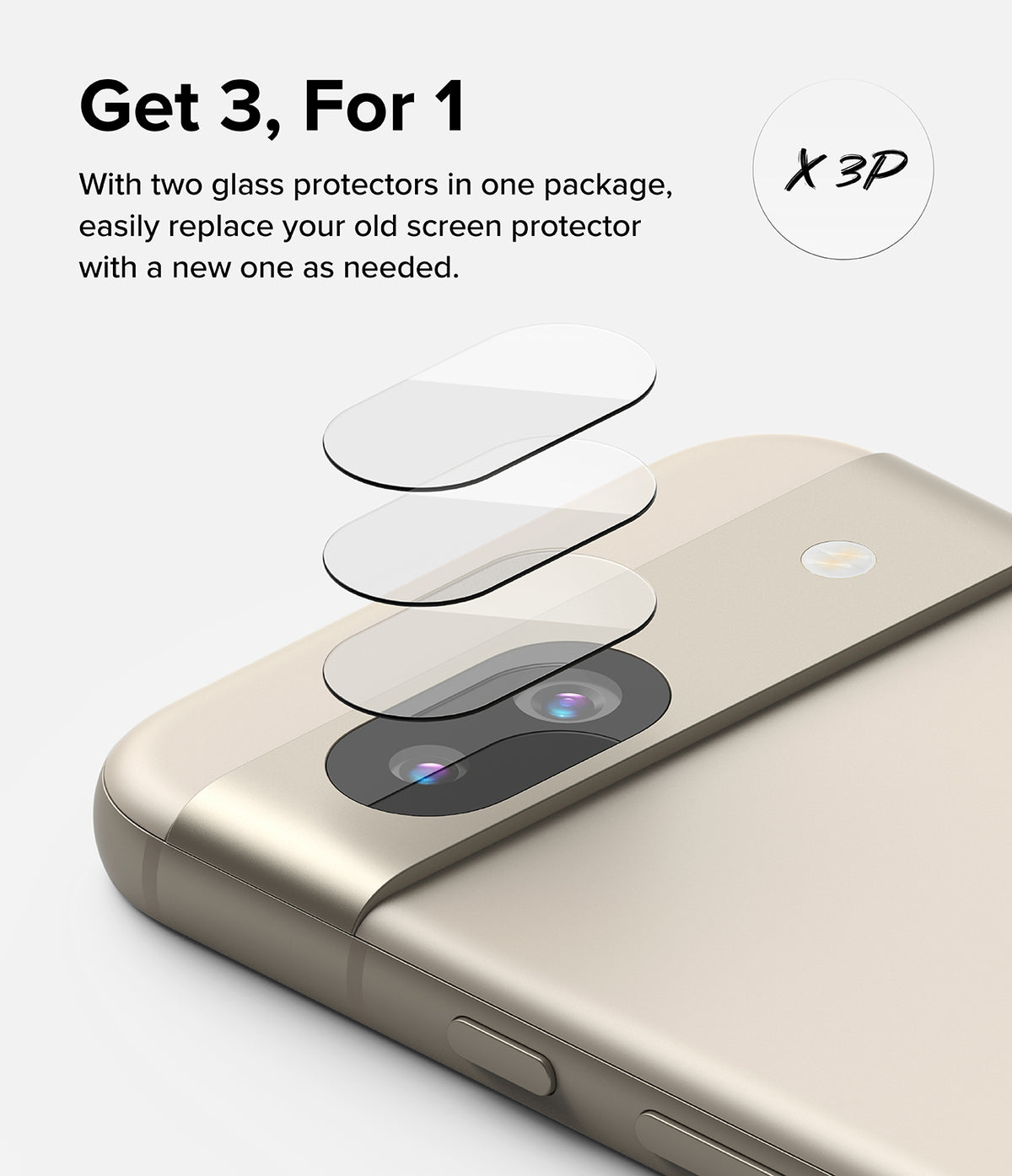 Google Pixel 8a Camera Lens Protector | Glass (3 Pack) - Google Pixel 8a Camera Lens Protector - Three transparent glass lens covers floating above a beige smartphone camera bar.