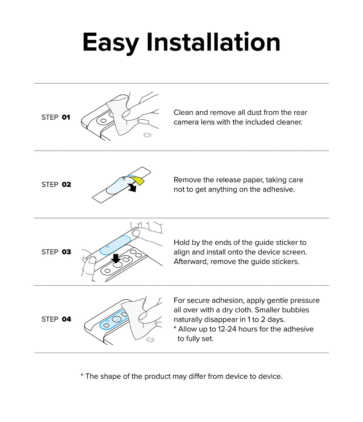 Google Pixel 8a Camera Lens Protector | Glass (3 Pack) - Google Pixel 8a Camera Lens Protector - Four-step illustrated guide for cleaning, peeling, aligning, and pressing the protector.