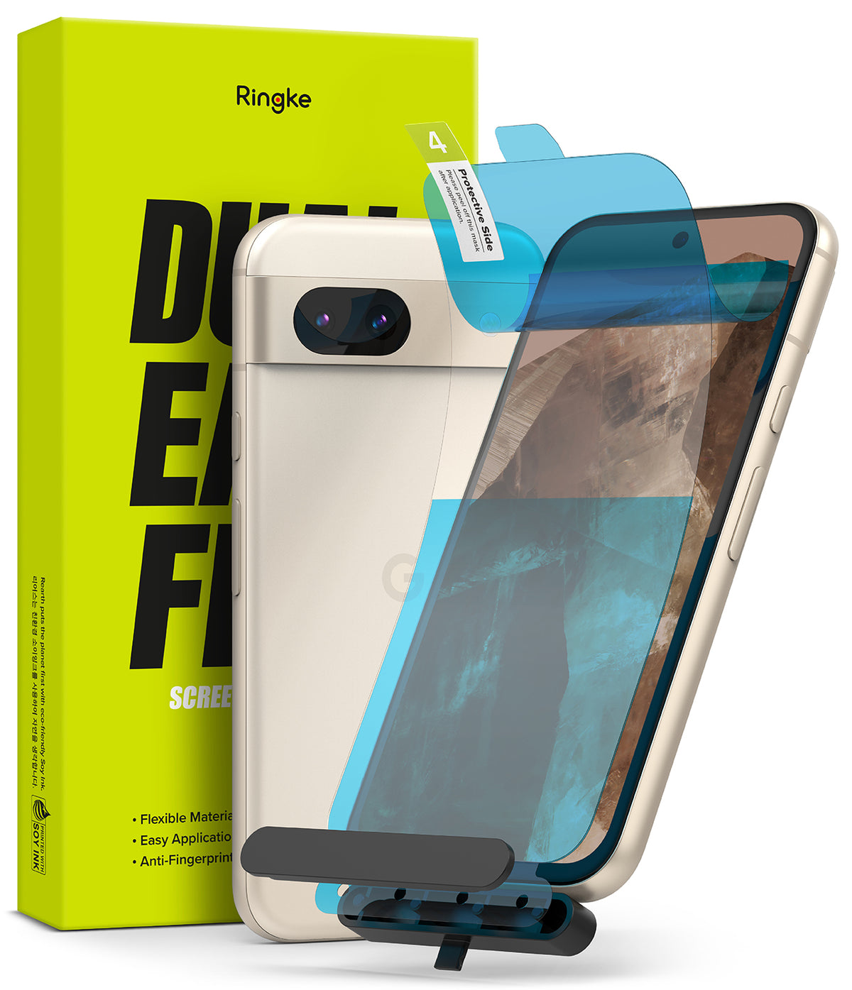 Google Pixel 8a Screen Protector | Dual Easy Film - A screen protector being applied to a beige Pixel 8a phone.