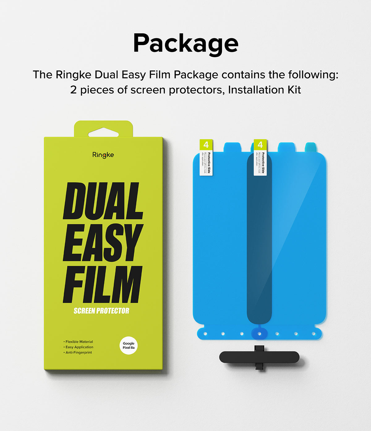 Google Pixel 8a Screen Protector | Dual Easy Film - Lime green product box next to two blue screen protectors.