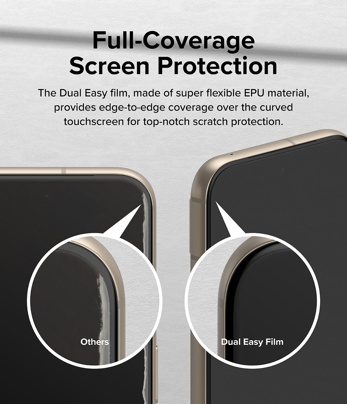 Google Pixel 8a Screen Protector | Dual Easy Film - Comparison showing superior edge-to-edge fit versus a standard film.