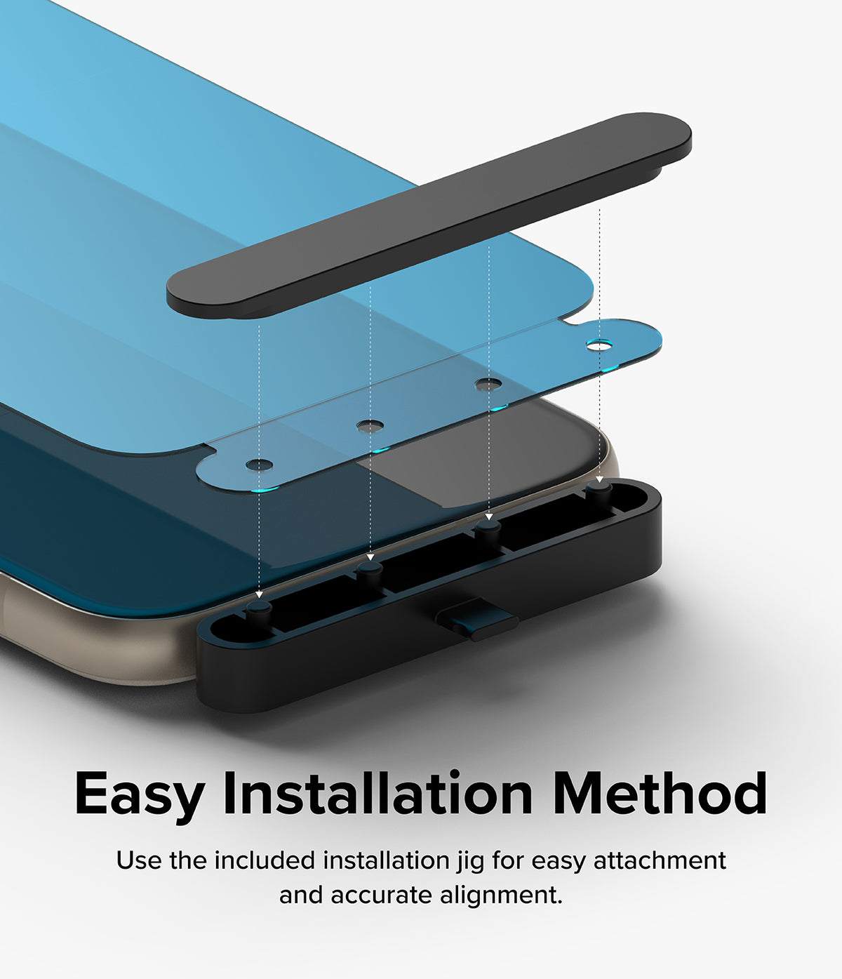Google Pixel 8a Screen Protector | Dual Easy Film - Diagram showing a screen protector aligning with a phone using a jig.