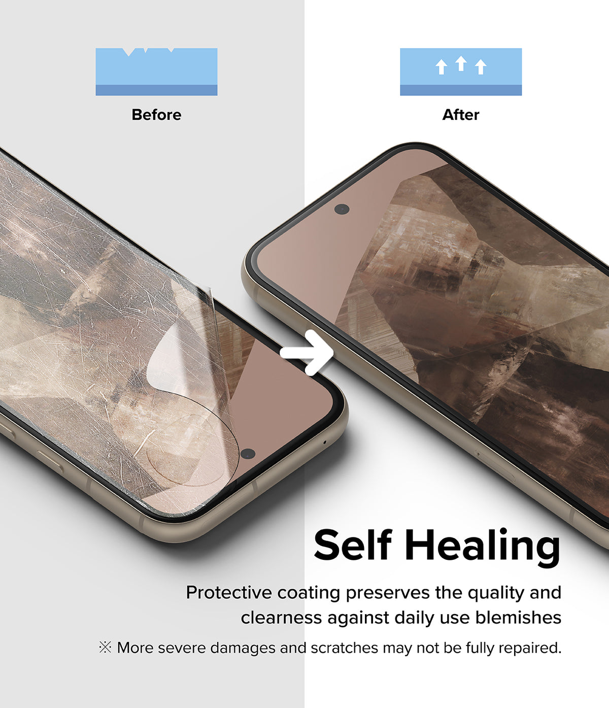 Google Pixel 8a Screen Protector | Dual Easy Film - Comparison showing a scratched screen healing into a smooth surface.