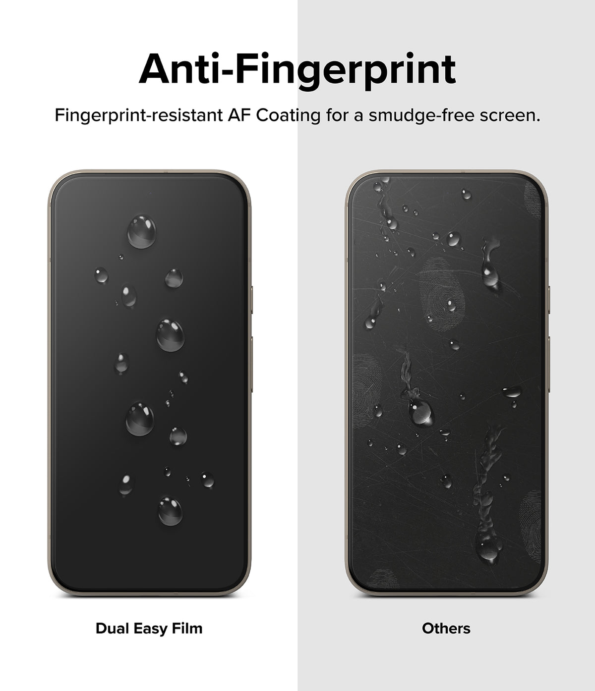 Google Pixel 8a Screen Protector | Dual Easy Film - Comparison showing clean water beads on Dual Easy Film vs smudged screen.