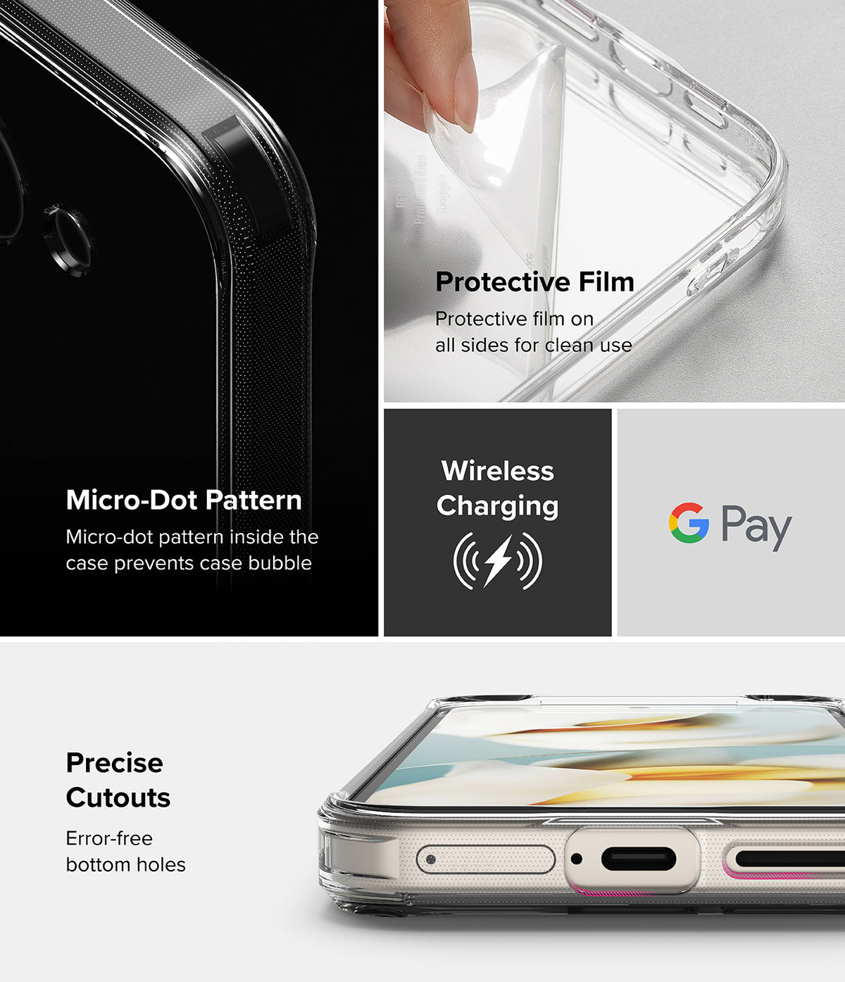 Google Pixel 9a Case | Fusion - Clear case features, micro-dot pattern, protective film, wireless charging, and precise cutouts.