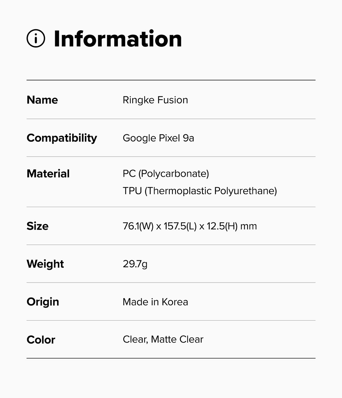 Google Pixel 9a Case | Fusion Matte - Information table listing product specs for the Ringke Fusion case.