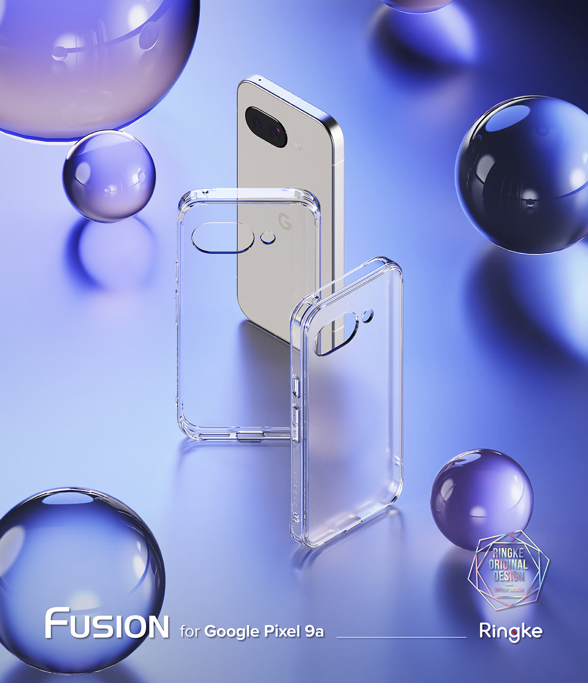 Google Pixel 9a Case | Fusion Matte - Two clear phone cases and a Pixel 9a phone arranged among floating glass spheres.