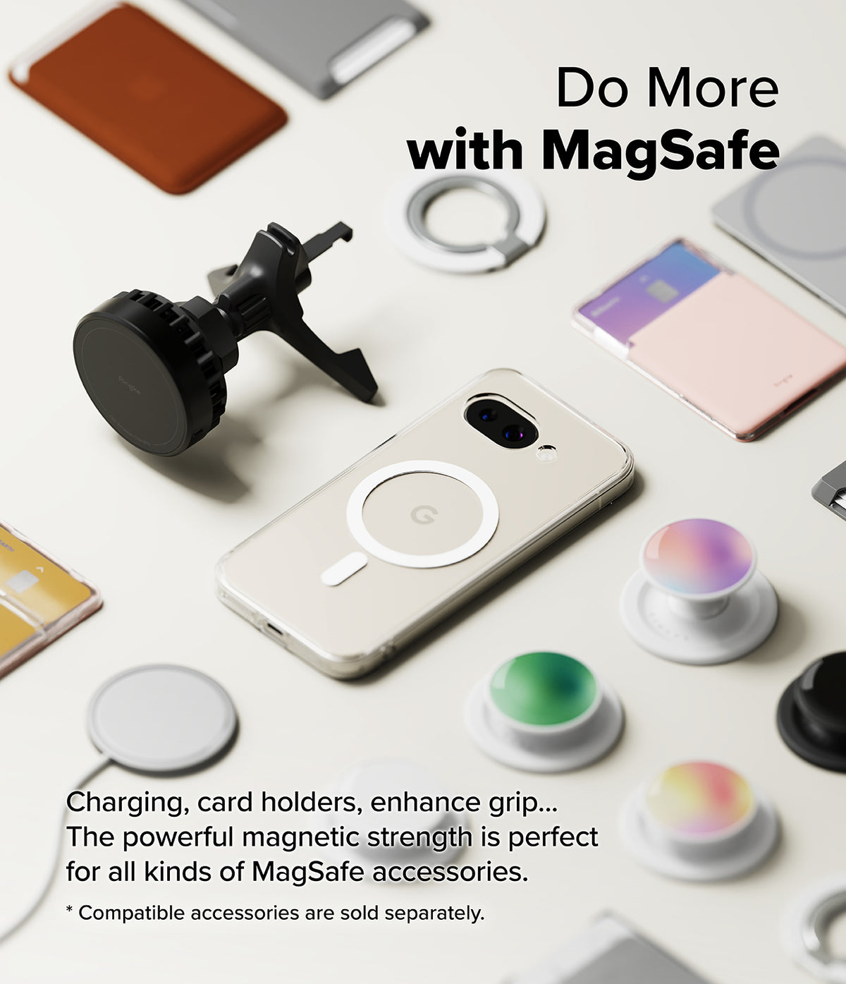 Google Pixel 9a Case | Fusion Magnetic - Clear phone case with magnetic ring surrounded by various MagSafe accessories.