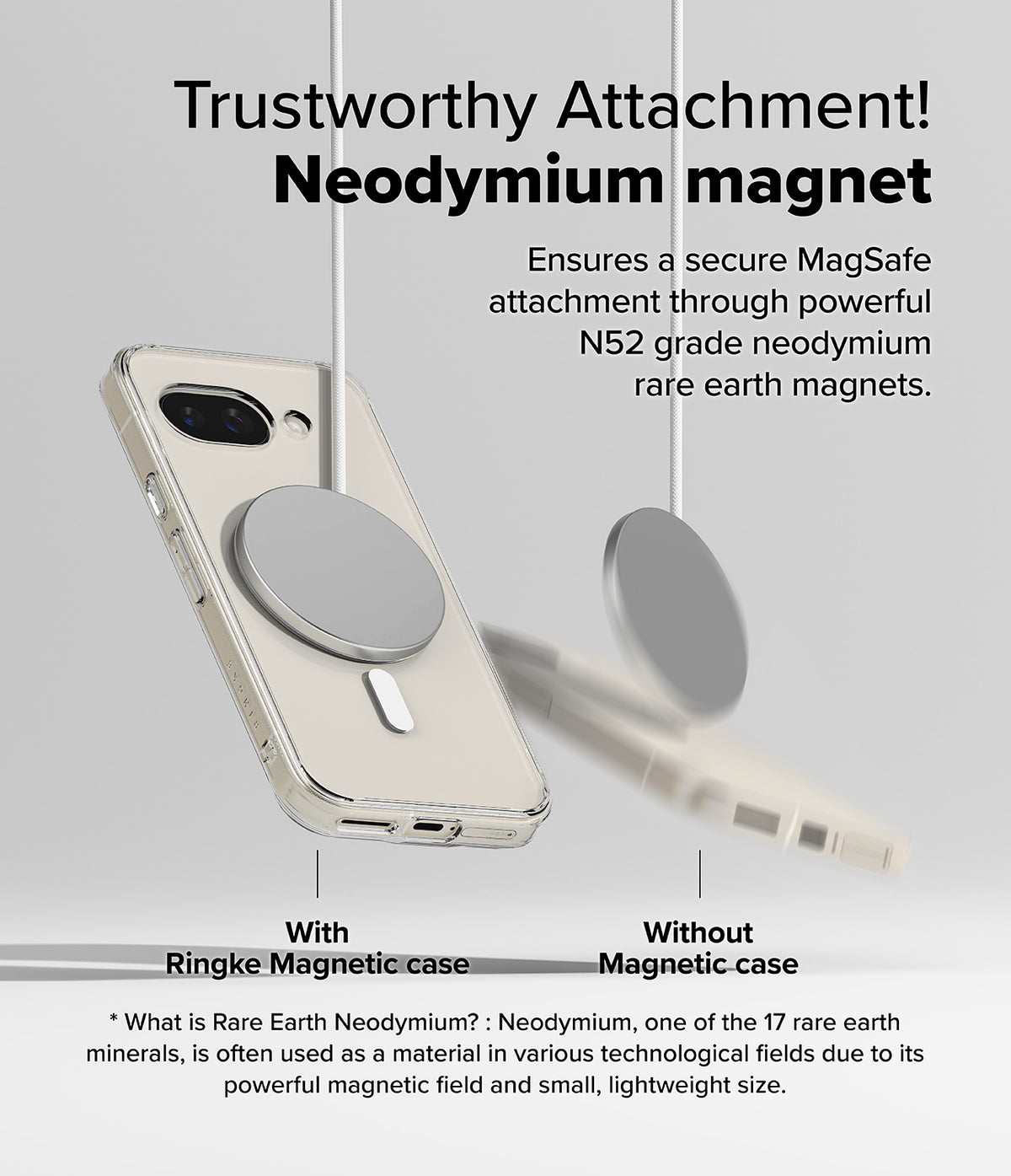 Google Pixel 9a Case | Fusion Magnetic - Comparison showing a magnetic disc attached to a phone case versus falling off.