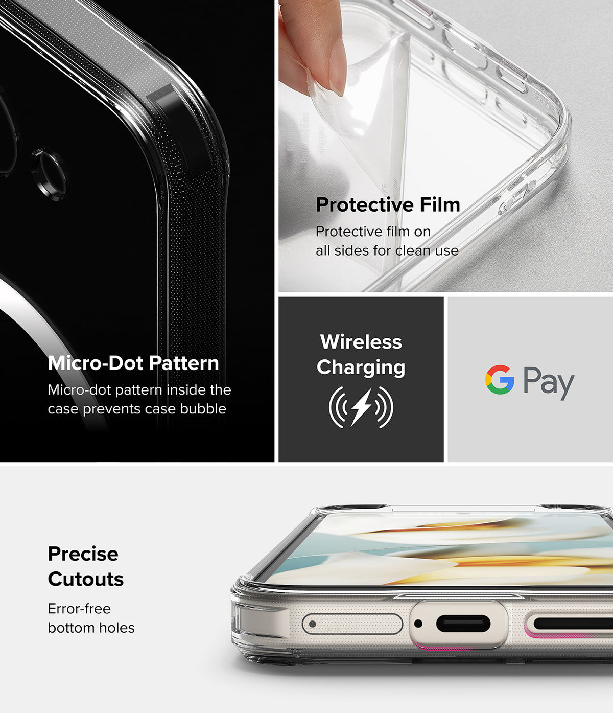 Google Pixel 9a Case | Fusion Magnetic - Features showing micro-dot pattern, protective film, wireless charging, and precise cutouts.