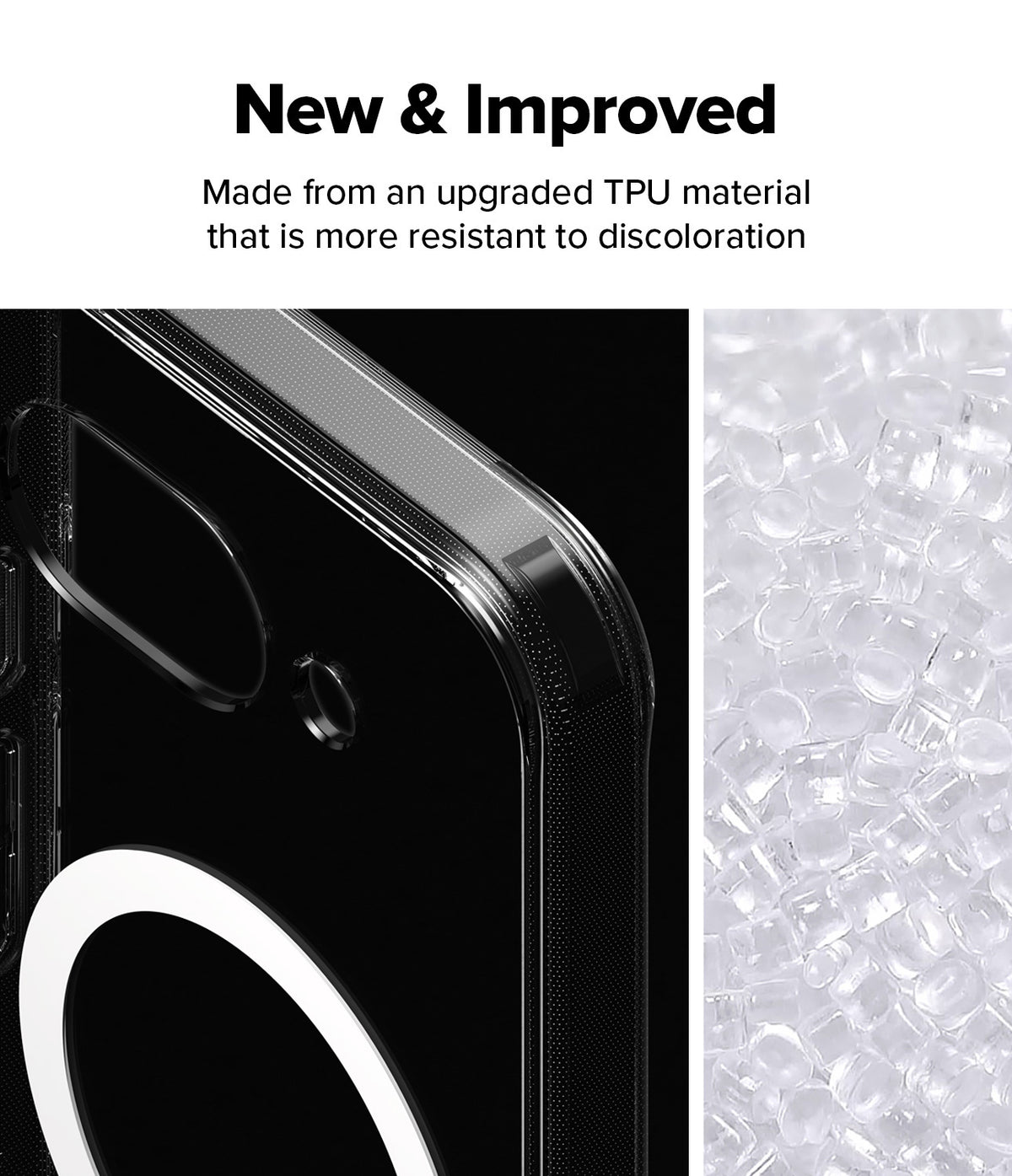 Google Pixel 9a Case | Fusion Magnetic - Clear phone case with magnetic ring next to raw TPU material pellets.