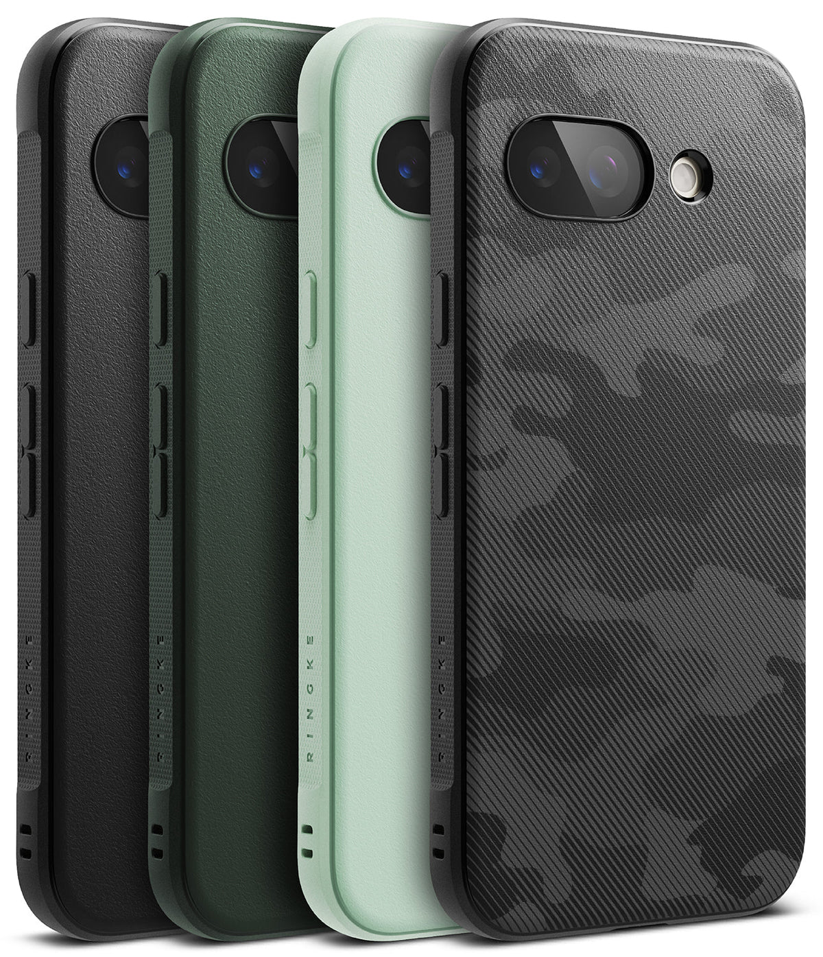 Google Pixel 9a Case | Onyx - Four Google Pixel 9a phone cases in black, dark green, light green, and black camo textures.