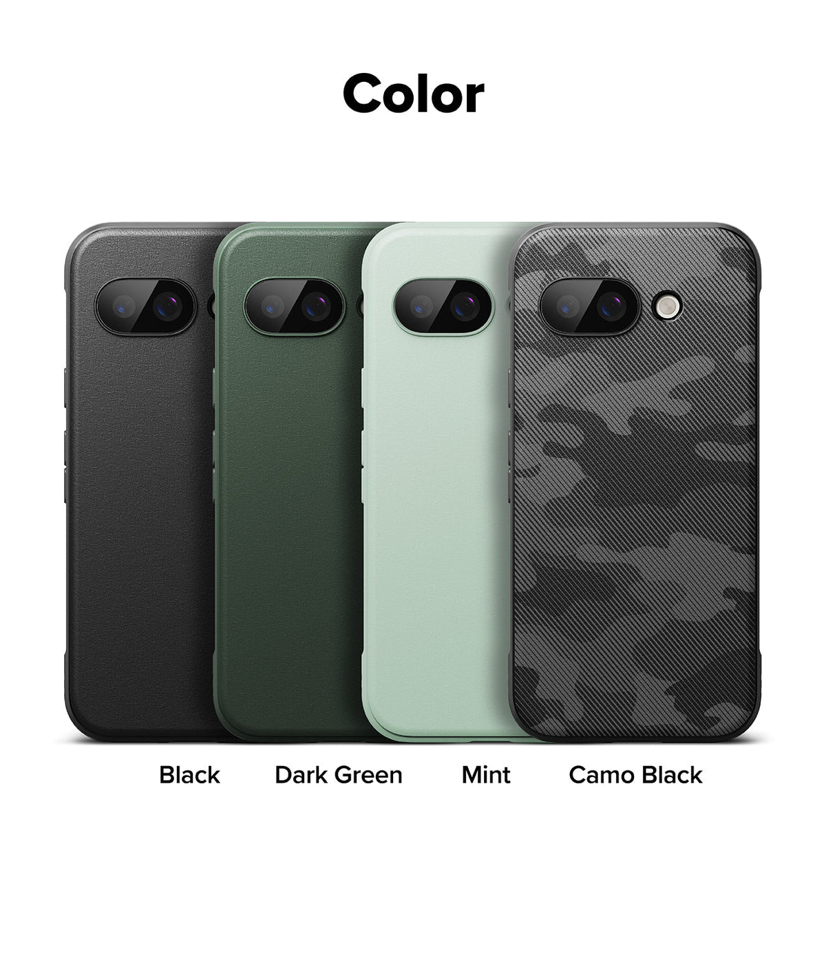 Google Pixel 9a Case | Onyx - Four Google Pixel 9a phone cases in black, dark green, mint, and camo black arranged in a row.