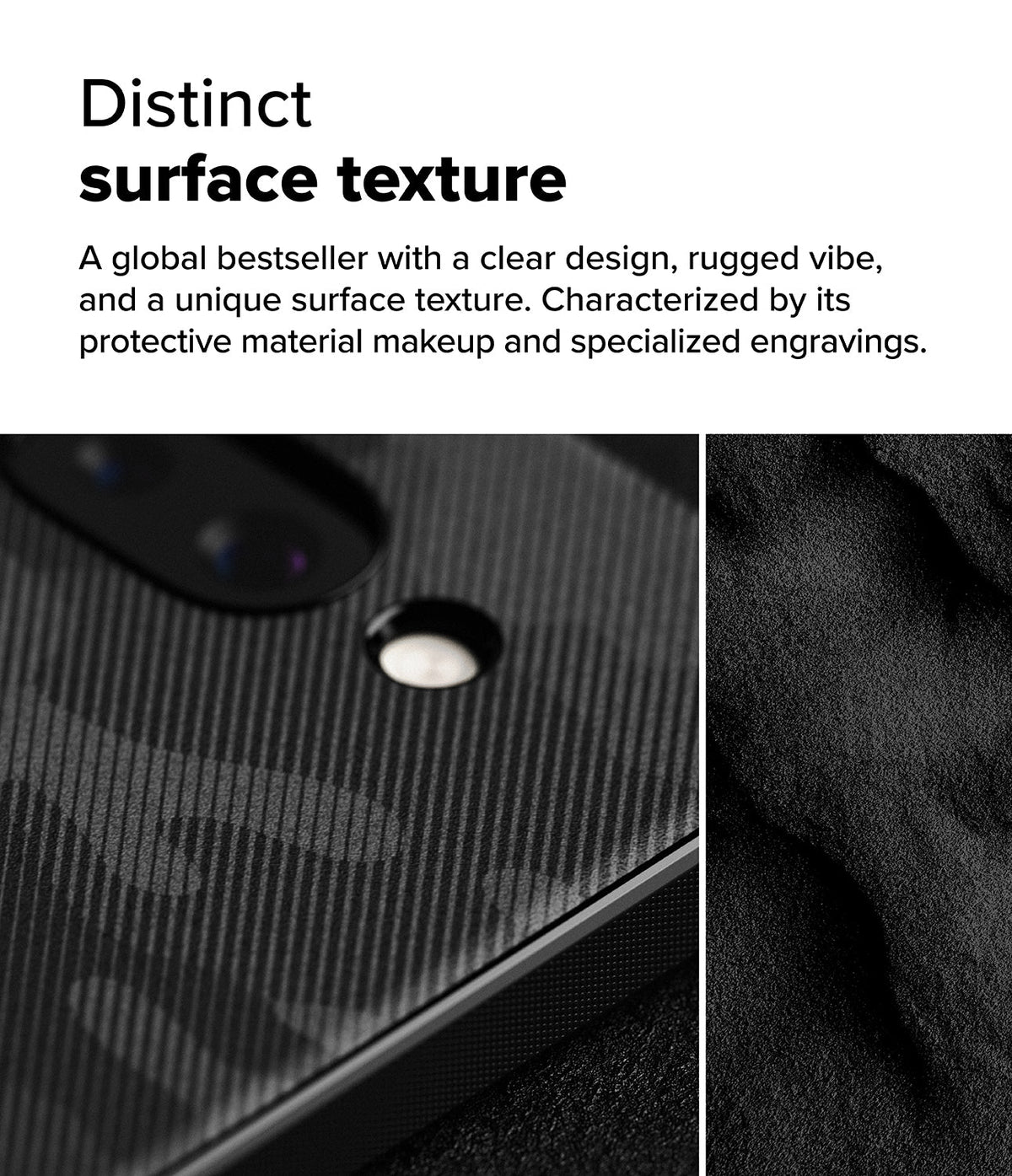 Google Pixel 9a Case | Onyx - Close-up of a black phone case with a textured, diagonal-striped pattern and a camera cutout.