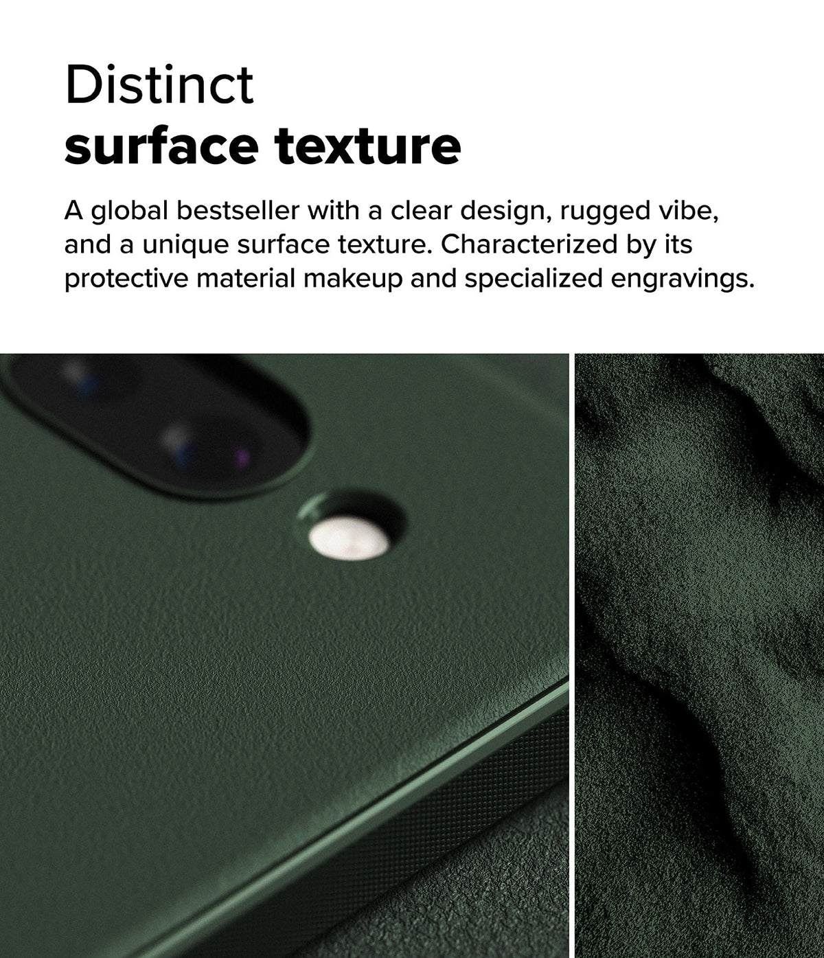 Google Pixel 9a Case | Onyx - Close-up of a dark green phone case with a textured, rugged surface and camera cutouts.